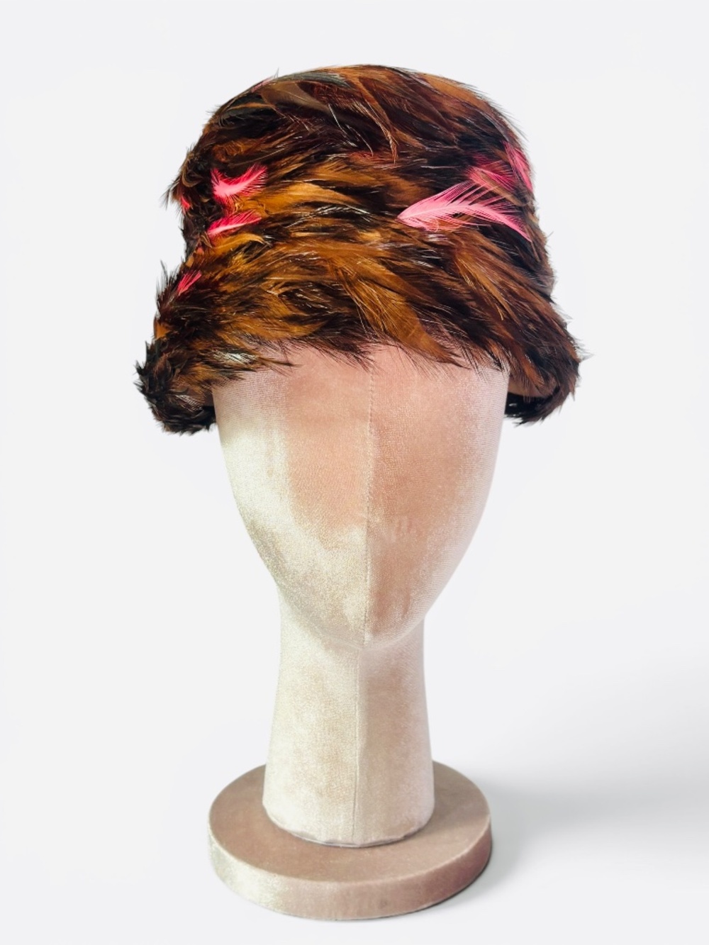Vintage 1960's Mid-Century Pink Peasant Feather Toque Hat
